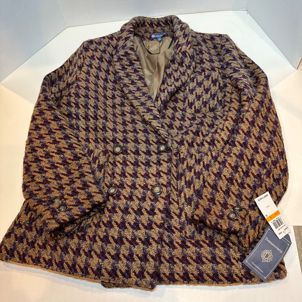 NWT $148 Wool Blend Democracy Houndstooth Double Breasted Blazer Jacket Sz Small